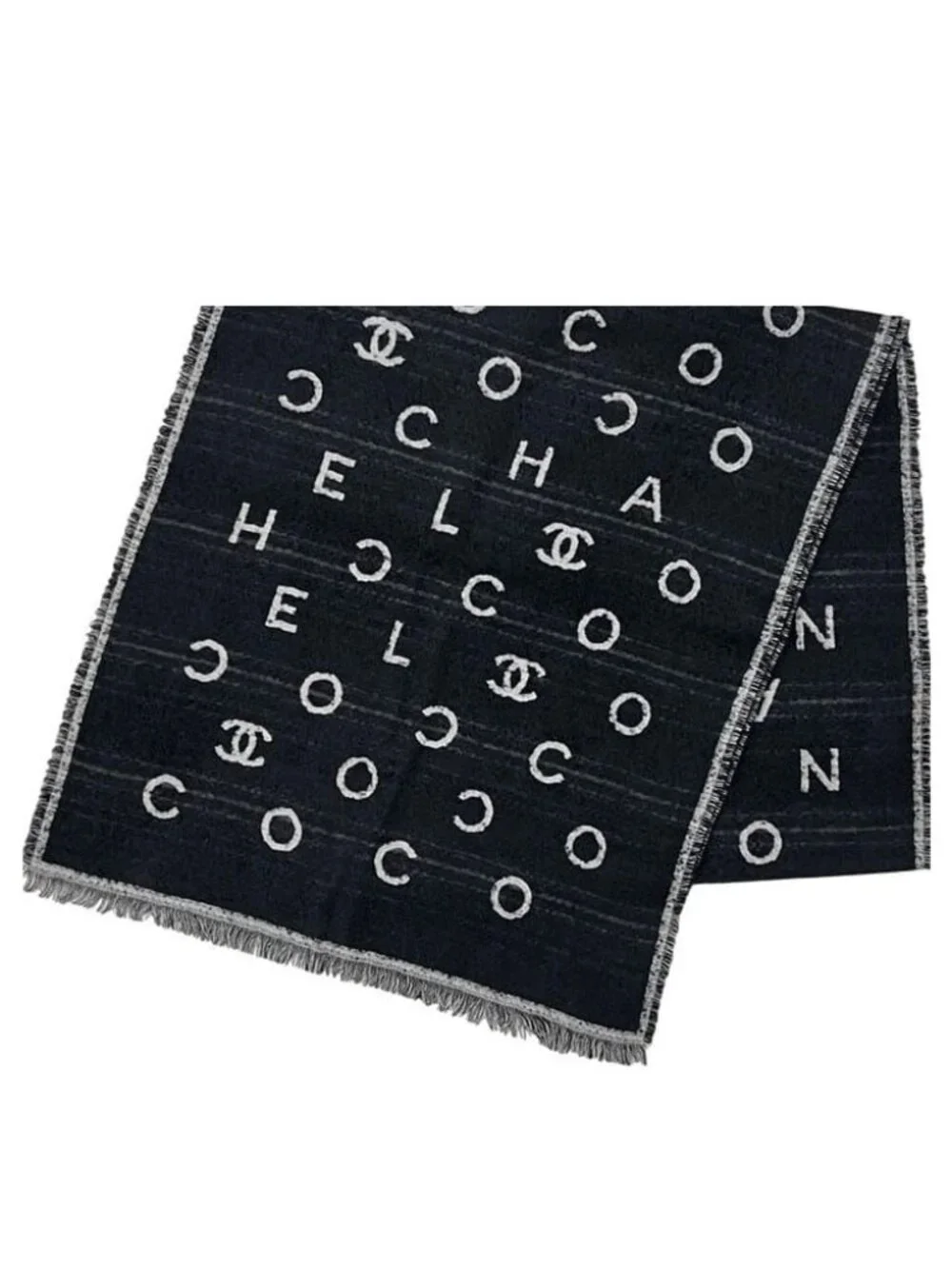 Chanel Shawl Reversible Logo Cashmere Silk Black Scarf